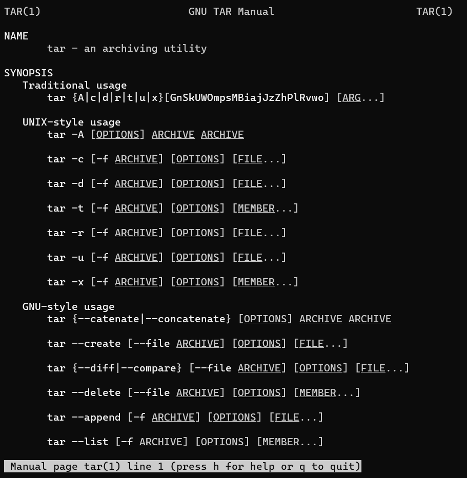 The output of the `man` command for the `tar` command