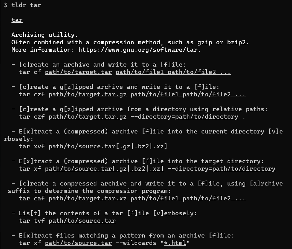 The output of the `tldr` command for the `tar` command